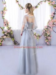 Customized Grey Empire Lace Quinceanera Court Dresses Lace Up Tulle Sleeveless Floor Length