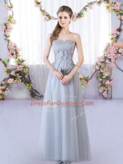 Customized Grey Empire Lace Quinceanera Court Dresses Lace Up Tulle Sleeveless Floor Length