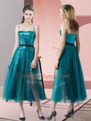 Hot Selling Sequins Prom Dresses Teal Zipper Sleeveless Tea Length
