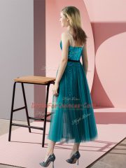 Hot Selling Sequins Prom Dresses Teal Zipper Sleeveless Tea Length