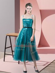 Hot Selling Sequins Prom Dresses Teal Zipper Sleeveless Tea Length