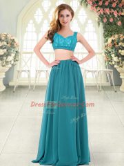 Modern Teal Prom Evening Gown Prom and Party with Beading and Lace Straps Sleeveless Zipper