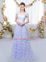 Most Popular Empire Quinceanera Court Dresses Lavender Off The Shoulder Tulle Cap Sleeves Floor Length Lace Up
