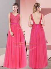 Empire Prom Dress Hot Pink V-neck Tulle Sleeveless Floor Length Backless