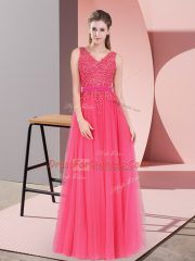 Empire Prom Dress Hot Pink V-neck Tulle Sleeveless Floor Length Backless
