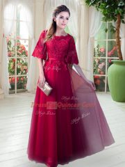 Graceful A-line Red Scoop Tulle Half Sleeves Floor Length Zipper