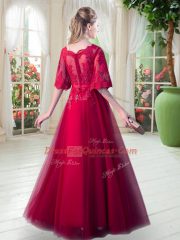 Graceful A-line Red Scoop Tulle Half Sleeves Floor Length Zipper