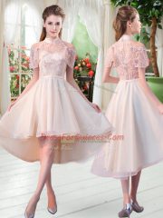 Decent Champagne A-line Lace Prom Dress Zipper Tulle Short Sleeves High Low