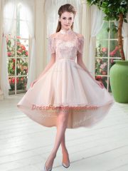 Decent Champagne A-line Lace Prom Dress Zipper Tulle Short Sleeves High Low