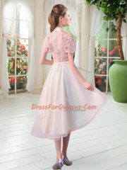 Decent Champagne A-line Lace Prom Dress Zipper Tulle Short Sleeves High Low