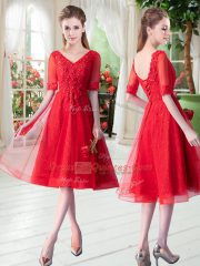 Red Tulle Lace Up V-neck Half Sleeves Knee Length Prom Dress Beading and Appliques