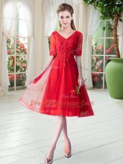 Red Tulle Lace Up V-neck Half Sleeves Knee Length Prom Dress Beading and Appliques