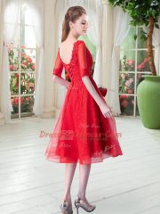 Red Tulle Lace Up V-neck Half Sleeves Knee Length Prom Dress Beading and Appliques