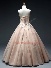 Sleeveless Floor Length Beading and Appliques Lace Up Little Girls Pageant Dress with Pink
