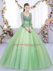 Extravagant Green V-neck Neckline Lace and Appliques Ball Gown Prom Dress Long Sleeves Lace Up