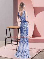 Elegant Blue Zipper Sleeveless Floor Length Beading