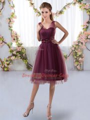 Great Burgundy Zipper Quinceanera Dama Dress Appliques Sleeveless Knee Length