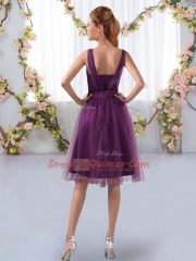 Great Burgundy Zipper Quinceanera Dama Dress Appliques Sleeveless Knee Length