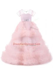 Tulle Short Sleeves Floor Length Little Girls Pageant Dress Wholesale and Beading and Ruffles