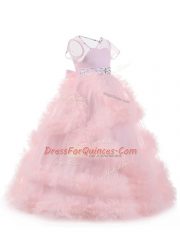 Tulle Short Sleeves Floor Length Little Girls Pageant Dress Wholesale and Beading and Ruffles