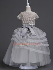 Excellent Spaghetti Straps Sleeveless Flower Girl Dresses Floor Length Appliques and Ruffled Layers Grey Tulle