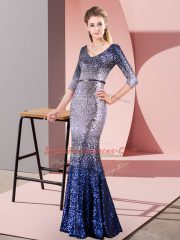 Eye-catching Sequined 3 4 Length Sleeve Floor Length Prom Gown and Belt