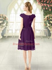 Chic V-neck Cap Sleeves Chiffon Prom Evening Gown Ruching Zipper