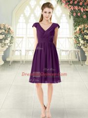 Chic V-neck Cap Sleeves Chiffon Prom Evening Gown Ruching Zipper