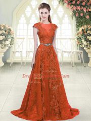 Chic Orange Homecoming Dress Tulle Sweep Train Cap Sleeves Beading and Lace