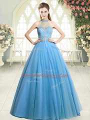 Captivating Blue Tulle Zipper Evening Dress Sleeveless Floor Length Beading