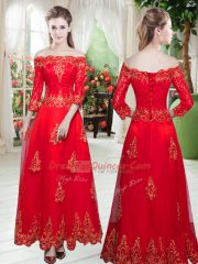A-line Prom Gown Red Off The Shoulder Tulle 3 4 Length Sleeve Floor Length