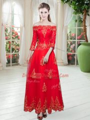 A-line Prom Gown Red Off The Shoulder Tulle 3 4 Length Sleeve Floor Length