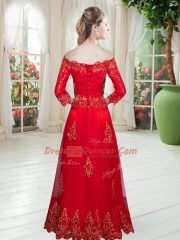 A-line Prom Gown Red Off The Shoulder Tulle 3 4 Length Sleeve Floor Length