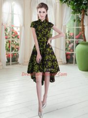 Comfortable Multi-color A-line Lace High-neck Short Sleeves Appliques High Low Zipper Prom Dresses