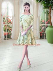 Designer Knee Length A-line Half Sleeves Yellow Green Prom Gown Lace Up