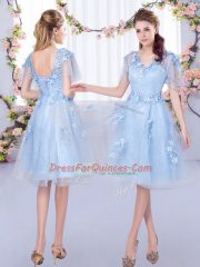 Light Blue Short Sleeves Knee Length Appliques Lace Up Quinceanera Court of Honor Dress