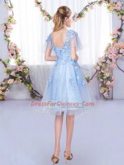 Light Blue Short Sleeves Knee Length Appliques Lace Up Quinceanera Court of Honor Dress