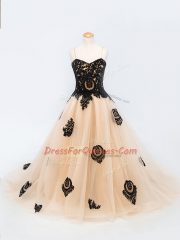 Peach Lace Up Spaghetti Straps Appliques Little Girl Pageant Gowns Tulle Sleeveless Brush Train