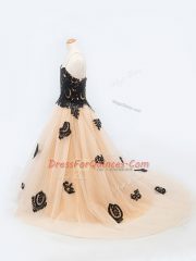 Peach Lace Up Spaghetti Straps Appliques Little Girl Pageant Gowns Tulle Sleeveless Brush Train