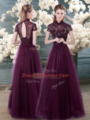 Floor Length Purple Prom Evening Gown Tulle Short Sleeves Beading and Appliques