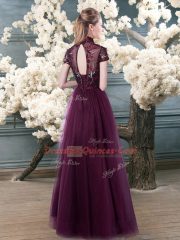 Floor Length Purple Prom Evening Gown Tulle Short Sleeves Beading and Appliques