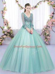 Adorable V-neck Long Sleeves Tulle Quince Ball Gowns Lace and Appliques Lace Up