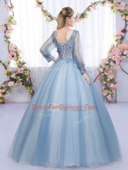 Adorable V-neck Long Sleeves Tulle Quince Ball Gowns Lace and Appliques Lace Up