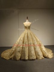 Flirting Gold Sleeveless Brush Train Sequins Quinceanera Gown