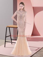 Amazing Beading Prom Party Dress Peach Zipper Sleeveless Sweep Train