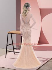 Amazing Beading Prom Party Dress Peach Zipper Sleeveless Sweep Train
