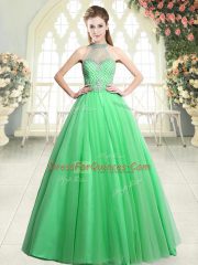 Modern A-line Evening Dress Green Halter Top Tulle Sleeveless Floor Length Zipper