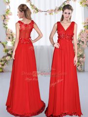 Modest Chiffon V-neck Sleeveless Side Zipper Beading and Appliques Quinceanera Dama Dress in Red