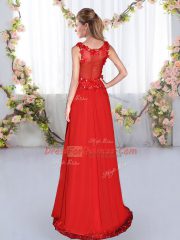 Modest Chiffon V-neck Sleeveless Side Zipper Beading and Appliques Quinceanera Dama Dress in Red