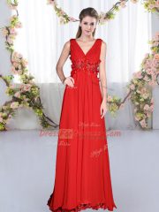 Modest Chiffon V-neck Sleeveless Side Zipper Beading and Appliques Quinceanera Dama Dress in Red
